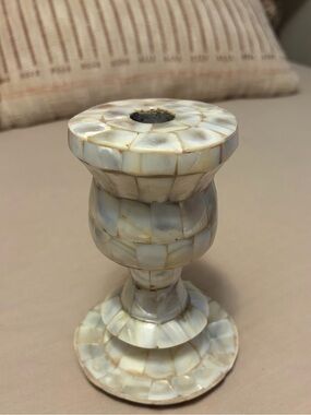 Vintage Jamie Young Co. mother of pearl mosaic pillar candlestick holder